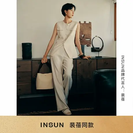「裴蓓同款」INSUN恩裳夏装亚麻混纺直筒休闲裤商品大图