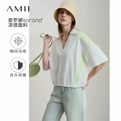 Amii2025夏新款极简凉感抑菌套头宽松短款翻领V领落肩袖棉T恤图片