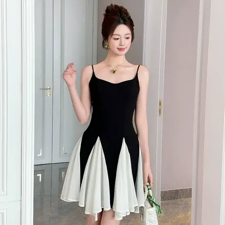 黑白撞色吊带连衣裙女装商品大图