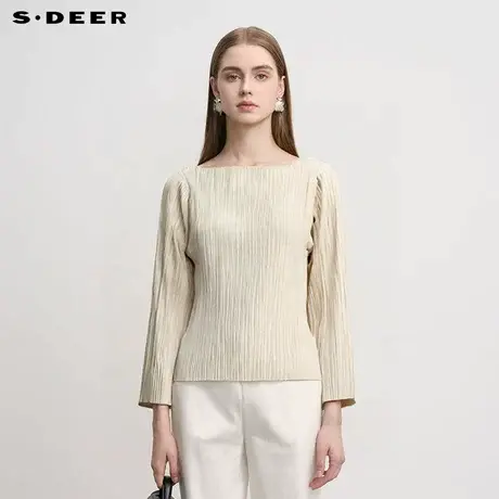 sdeer圣迪奥女装时尚圆领肌理褶皱长袖T恤S251Z0201商品大图