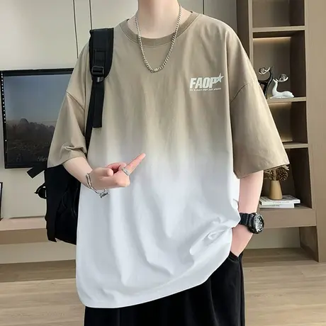 渐变色短袖t恤男夏季薄款美式宽松半袖上衣男士潮牌圆领休闲体恤图片