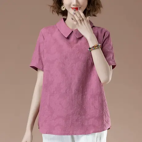 短袖t恤女夏季新款加肥加大码女装宽松中年妈妈全棉翻领显瘦上衣图片