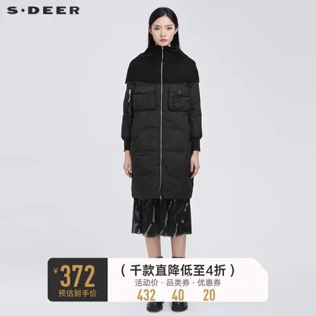 sdeer圣迪奥时尚针织拼接罗纹茧型宽松长款黑色羽绒服女S20482457🔺商品大图