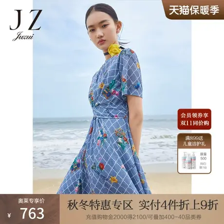 JZ玖姿女装夏季新款时尚田园风彩色花卉印花优雅V领收腰连衣裙薄商品大图