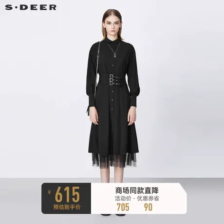 sdeer圣迪奥女装春秋休闲网纱拼接小黑裙法式衬衫连衣裙S21381207🤚商品大图