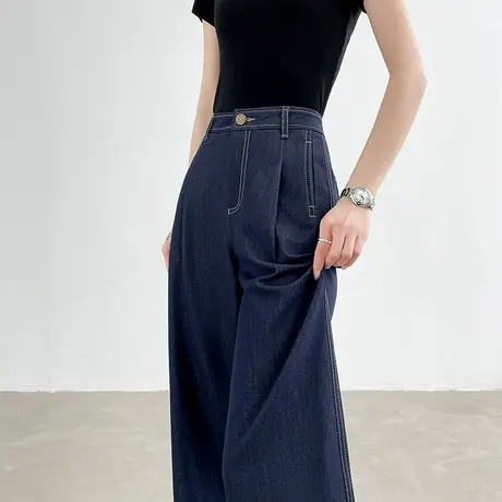 深蓝天丝九分牛仔裤女夏季薄款高腰垂感宽松显瘦小个子直筒阔腿裤商品大图