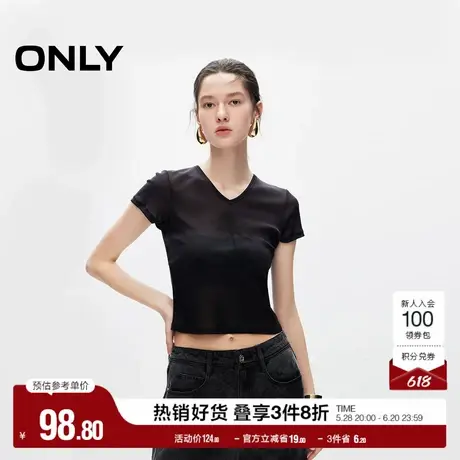 ONLY奥莱夏季辣妹风透视V领印花修身正肩短袖T恤女图片
