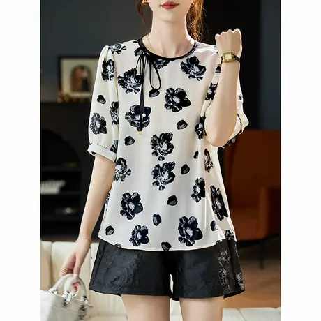 宝诗黎五分袖系带印花雪纺衫女2025夏季新款减龄百搭休闲小衫上衣商品大图