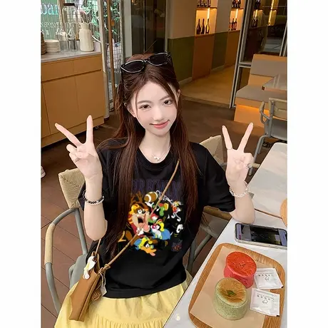 黑色卡通印花短袖t恤女2025夏季宽松韩版高级感chic甜辣半袖上衣商品大图
