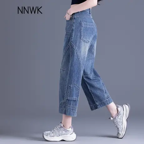 复古拼接直筒牛仔裤女2025新款夏薄款裤子高腰宽松八分弯刀阔腿裤商品大图