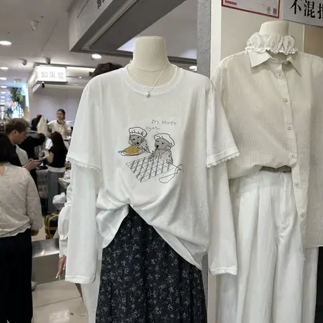 韩系卡通小狗印花蕾丝拼接长袖T恤女2025春季新款假两件百搭上衣商品大图