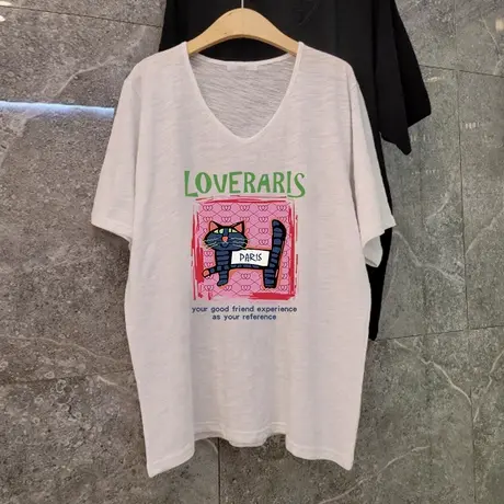 大码V领T恤女夏2024新款竹节棉白色短袖oversize休闲宽松显瘦上衣图片