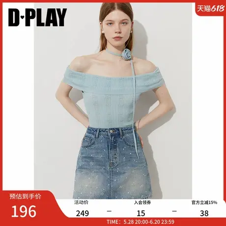 DPLAY2025年夏季新款蓝色上衣女一字肩莱赛尔时尚系带修身针织衫图片