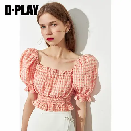 DPLAY德帕拉夏新法式复古甜美泡泡袖小衫显白橘粉色短上衣商品大图
