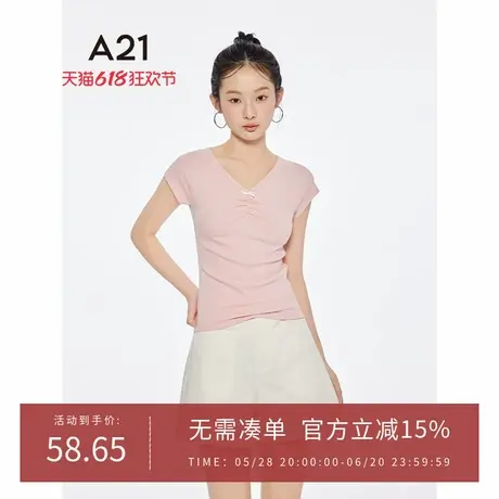 A21女装V领蝴蝶结短款T恤2025夏季新款简约修身短袖套头微弹上衣图片
