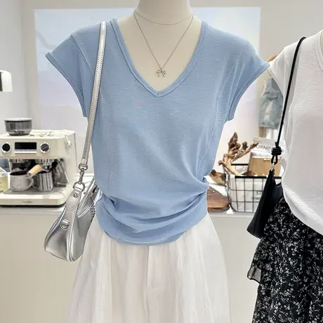 夏季新款韩系百搭简约v领纯色基础款正肩修身显瘦短袖打底T恤女商品大图