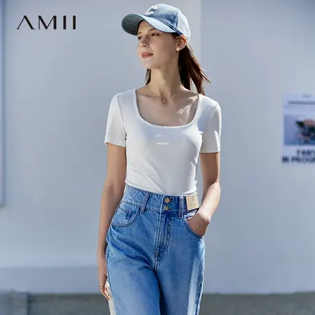 Amii2025夏季新款法式U领上衣女舒适弹力T恤修身显瘦百搭短袖商品大图
