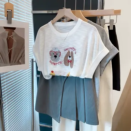 圆领提花落肩针织衫女2025夏装新款宽松慵懒风上衣薄短袖t恤衫潮图片