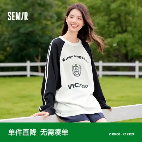 [商场同款]森马长袖T恤女中长款插肩袖刺绣2024新款oversize秋装商品大图