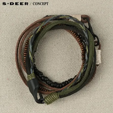 【新品】sdeer圣迪奥女装粗犷中性窜珠皮质编织组合手链52843A0图片