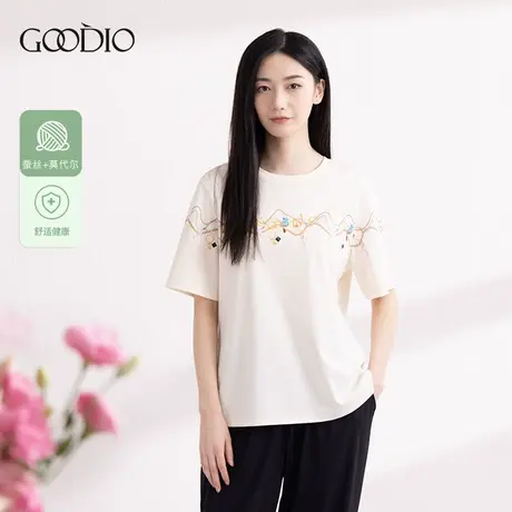 歌帝夏季女士t恤上衣短袖宽松半袖印花桑蚕丝莫代尔纯棉圆领百搭图片