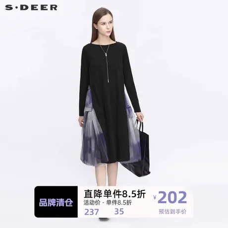 sdeer圣迪奥女装休闲圆领网纱拼接渐变长袖连衣裙S21181212🔁商品大图