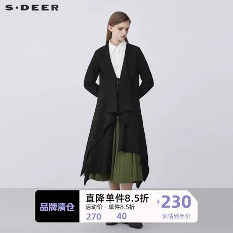 S·DEER圣迪奥女装休闲V领肌理褶皱不规则长袖风衣S21381809图片