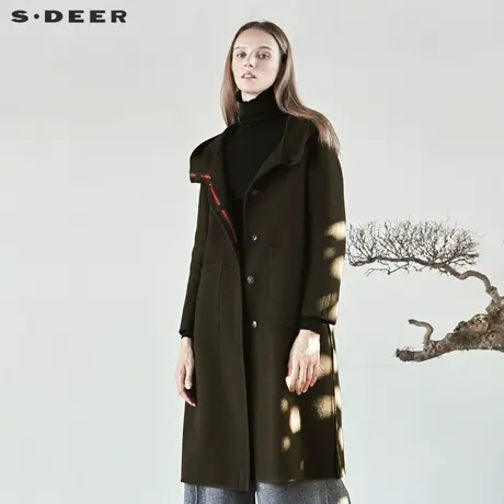sdeer圣迪奥流畅剪裁设计开衩下摆对称贴袋高领连帽大衣S18481870图片