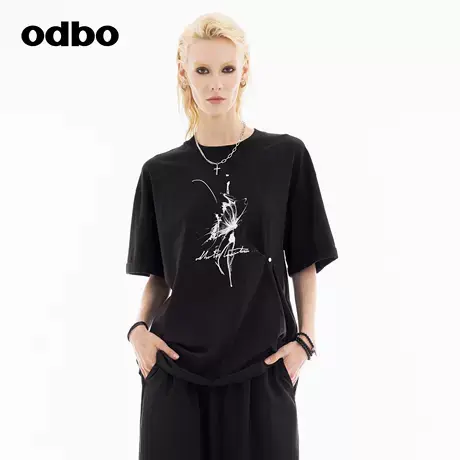 odbo/欧迪比欧时尚单品个性设计上衣女2024秋新款印花小众简约T恤图片