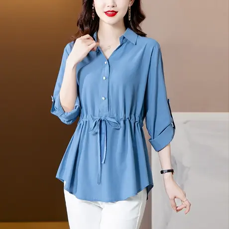 中长款衬衫女秋季新款洋气中年妈妈上衣宽松系带收腰遮肚子小衫女商品大图