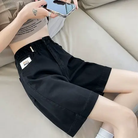 黑色牛仔短裤女五分夏季新款高腰宽松显瘦小个子遮肉阔腿5分中裤商品大图