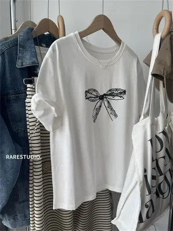 韩国蕾丝蝴蝶结印花洋气百搭正肩小个子纯棉白色短袖T恤春夏新商品大图