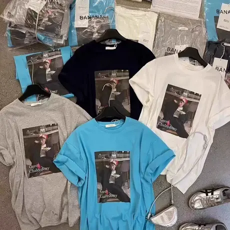 十三行2025夏季新款美式人物印花圆领宽松大版休闲短袖T恤上衣女图片