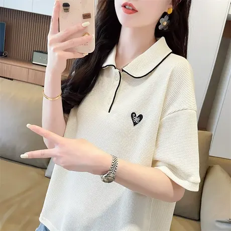 翻领polo衫短袖t恤女夏装韩版宽松大码设计感小众华夫格撞色上衣图片
