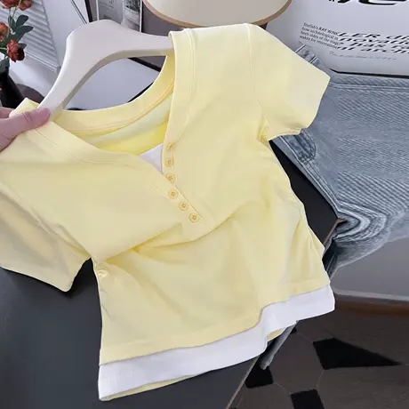 小个子短款假两件短袖T恤女夏季修身韩版设计感chic别致V领上衣潮商品大图