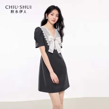 【露露酱粉丝专享】秋水伊人清新优雅裙子浪漫V领拼接蕾丝连衣裙商品大图