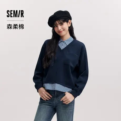 森柔棉|商场同款森马卫衣女假两件条纹春季2025新款翻领开叉衣服图片