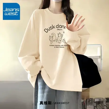 KV真维斯短袖女t恤2025新款夏季 小猫上衣大码宽松慵懒风纯棉半袖图片