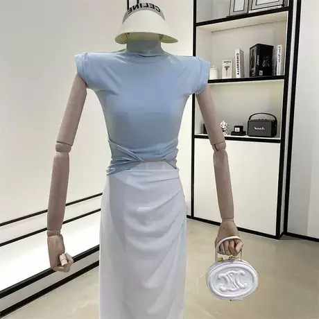 韩版高腰纯色基础体恤女2022夏季新款短袖修身显瘦百搭高领T恤图片