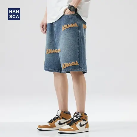 hansca水洗牛仔短裤男款潮牌夏季宽松刺绣美式嘻哈休闲直筒五分裤商品大图
