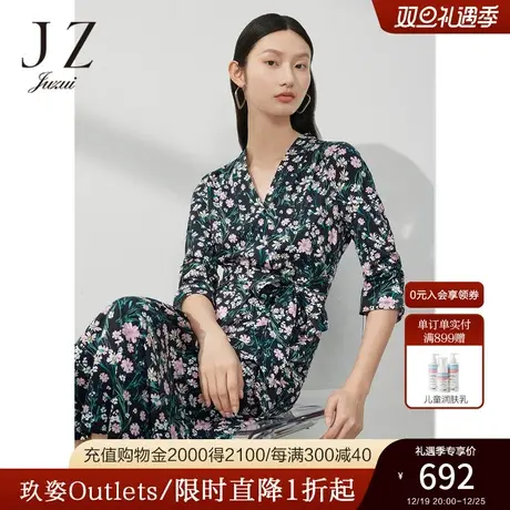 JZ玖姿法式茶歇裙女装2023春季新款小众印花丝光棉连衣裙商品大图