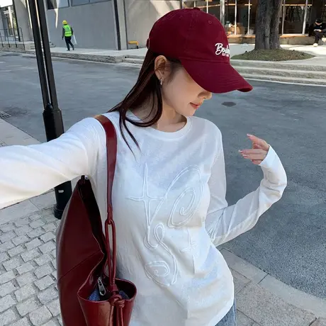 尔给T恤长袖显瘦薄款春新款绣花圆领设计感短款时尚上衣图片