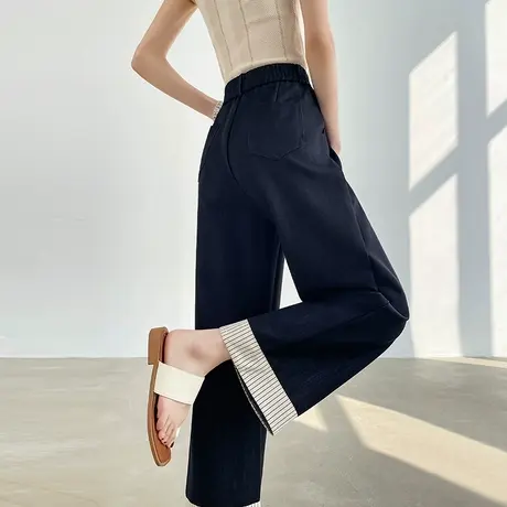 九分牛仔阔腿裤女春夏新款高腰显瘦宽松直筒小个子竖条纹裤子商品大图