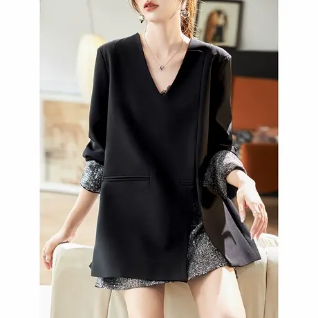 宝诗黎V领气质亮丝拼接西装上衣2025春季韩系简约通勤百搭女装潮商品大图