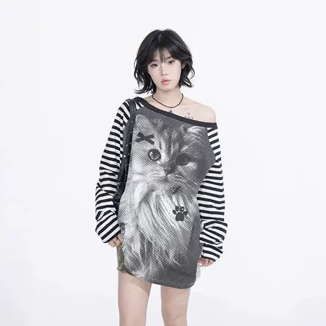 YEP设计感拼接条纹长袖斜肩型t恤女春夏2025新款一字肩打底上衣图片