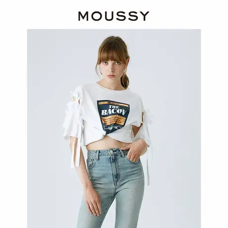 MOUSSY 甜美蝴蝶结系带印花设计圆领宽松短袖T恤女010GAL90-5540图片
