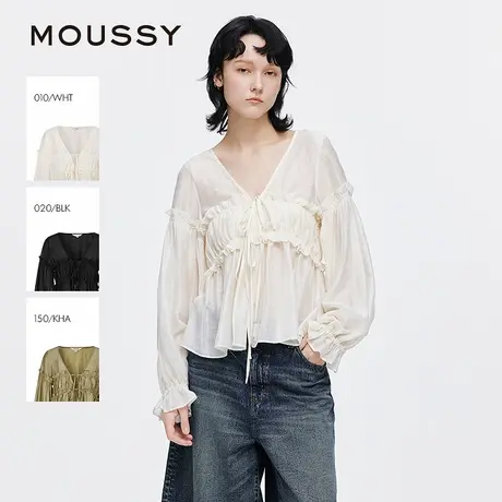 MOUSSY 2025夏季新品法式优雅木耳边V领长袖衬衫女028ISA30-3491图片