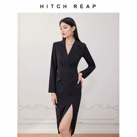 希区瑞普收腰西装面料连衣裙女高级感气质长袖中长款黑色春秋修身商品大图