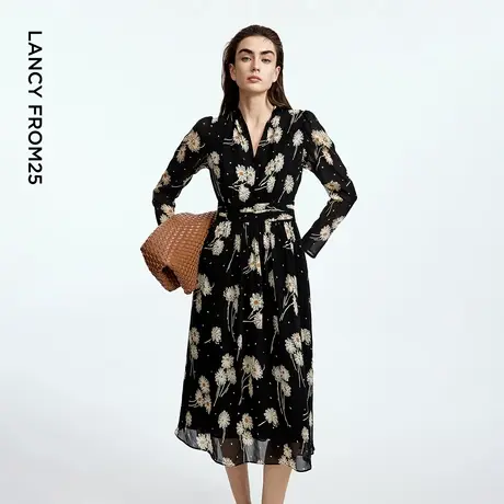 朗姿黑色v领碎花裙复古风a字收腰高级感气质印花裙2025年秋季新款商品大图
