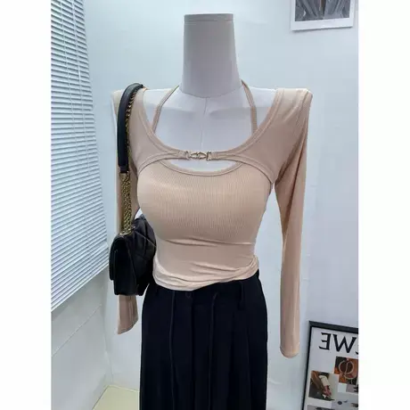 辣妹bi入 纯欲紧身挂脖吊带背心+洋气长袖罩衫两件套显胸t恤上衣商品大图